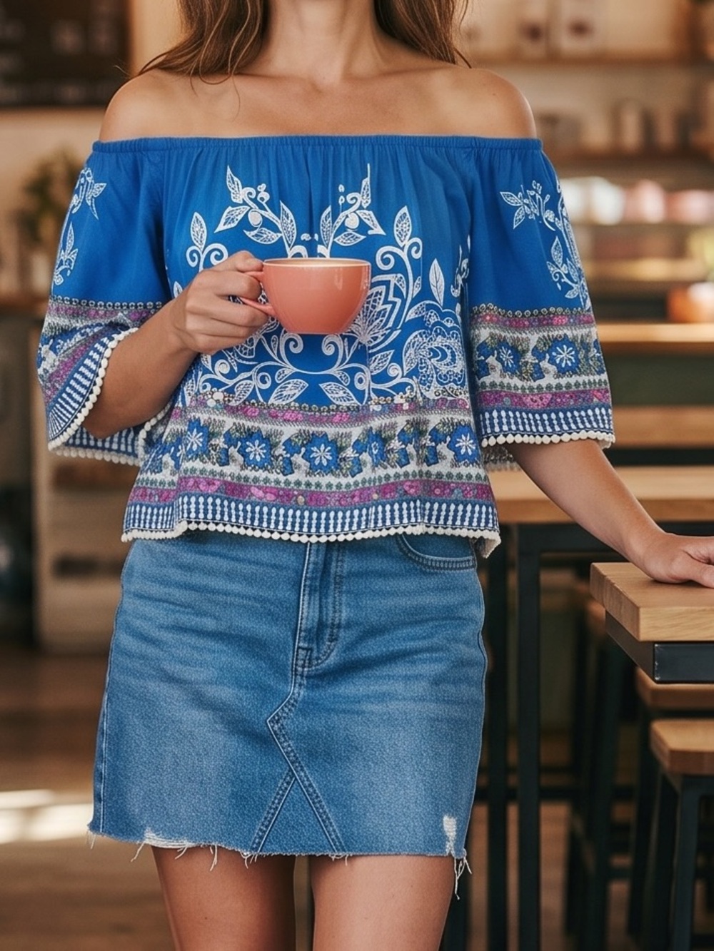 Natural Life Peasant Boho Crop Top Blue Floral Blouse Off Shoulder Medium New